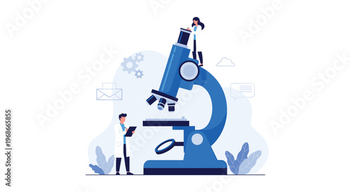 Scientists in lab coats conducting research using a massive blue microscope representing biotechnology, medicine, and scientific discovery.