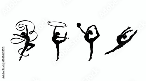 Four black silhouettes of female rhythmic gymnasts performing with ribbon, hoop, and ball, showcasing various elegant poses and movements on a white background.