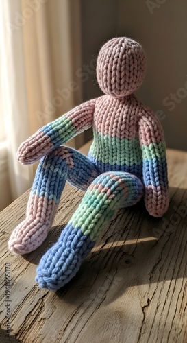 Colorful Crochet Doll Sitting on Wooden Table.