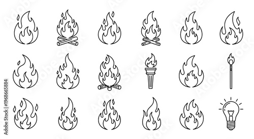 Flame icon set with various fire symbols and blazing elements featuring burning, icons, heat with hot and fiery elements for combustion, blaze
