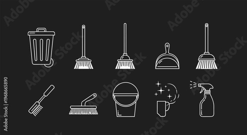 Complete set of white line cleaning tool icons on a dark background including trash bin, brooms, dustpan, brush, bucket, and spray bottle.