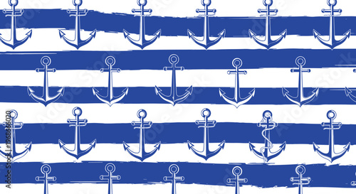 Seamless nautical pattern featuring rows of white anchors over horizontal hand-painted blue and white stripes for marine-themed design.