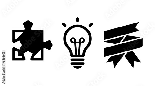 Puzzle, light bulb and ribbon icons representing ideas and success