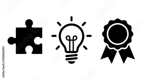 Puzzle, Lightbulb, and Award Icons Representing Ideas