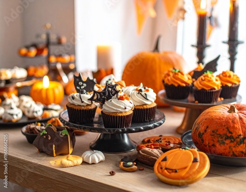 Wunderschön geschmückte Halloween-Tafel mit Gebäck und Süßigkeiten