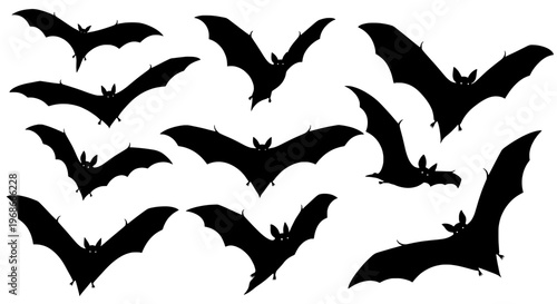 Bats flying silhouette set with black wings spread wide on white background for Halloween featuring bat silhouettes, nocturnal animals, bat