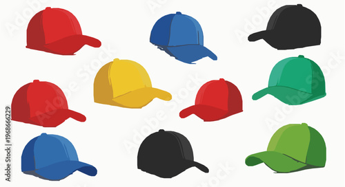 Colorful baseball caps vector set with different styles and angles isolated on white background