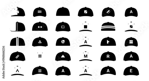Minimal colorful caps collection in grid layout with flat design baseball hats isolated on white background