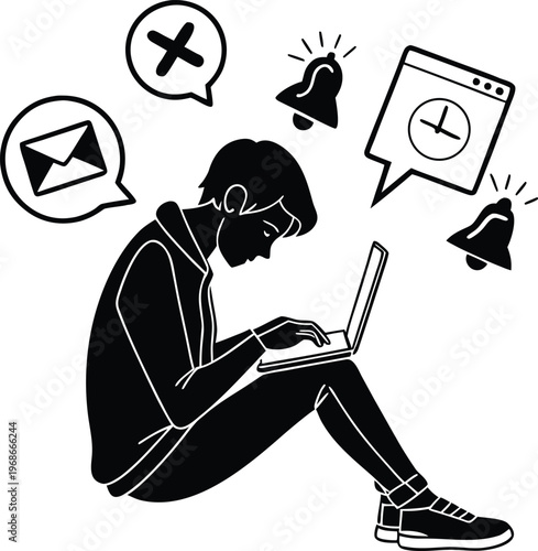 Minimalist black silhouette of person working on laptop, digital distraction and notification overload concept, student studying with computer