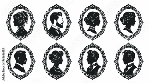 Collection of eight vintage-style black silhouette portraits of men and women in ornate oval frames, depicting classic profiles.