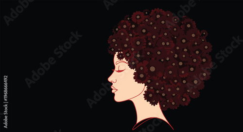 Profile of a woman with beautiful curly hair made of dark red flowers, set against a solid black background for a conceptual art piece.