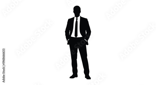 A full body view of a sharply defined man in a suit and tie captured as a striking black silhouette high quality