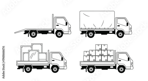 Set of four different cargo truck models shown as black line drawings including tow truck, box truck, and open bed trucks with various loads.