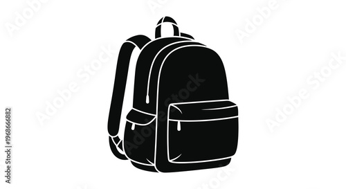A stark black silhouette of a modern backpack with visible straps and a front pocket isolated on a white background silhouette
