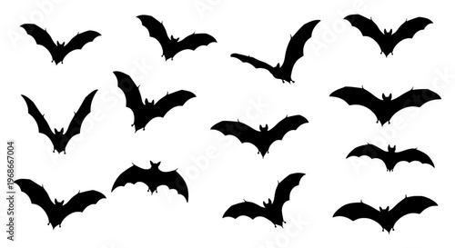 Bats flying set with black silhouettes in various positions featuring night, creatures, animals with mammals and Halloween elements for spooky, eerie