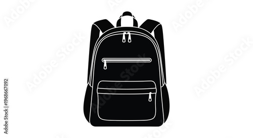 A black silhouette of a modern backpack with multiple compartments and adjustable straps emphasizing its shape silhouette high quality professional detailed