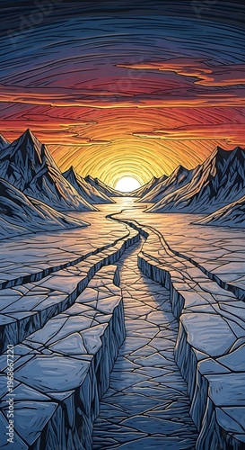 Dramatic Desert Landscape with Cracks at Sunset.