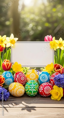 Easter eggs and flowers with a blank sign in the garden.