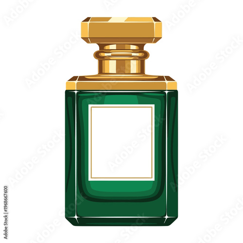 Luxury emerald green perfume bottle with gold cap and blank label illustration