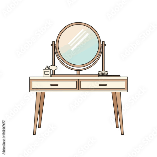 Dressing table with round mirror and beauty accessories for bedroom interior flat vector illustration