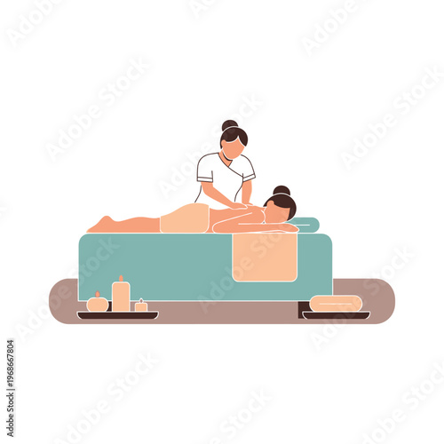 Woman receiving professional back massage from therapist in spa wellness center flat vector illustration