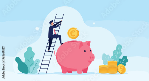 Diligent businessman climbing a ladder towards a large pink piggy bank, with a Euro coin being deposited, surrounded by stacks of gold coins, symbolizing saving, investment, and financial growth.