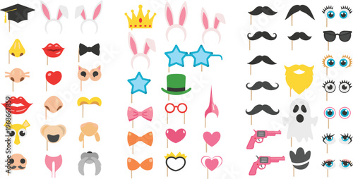 Photo Booth Props Vector Set with Party Accessories Including Glasses Mustaches Lips Hats Crowns Bunny Ears and Fun Celebration Elements for Events Design