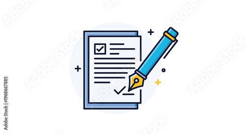 Crisp illustration of a document featuring checkboxes and text, being officially signed with a classic fountain pen, symbolizing contract completion, legal agreement, or successful task execution.