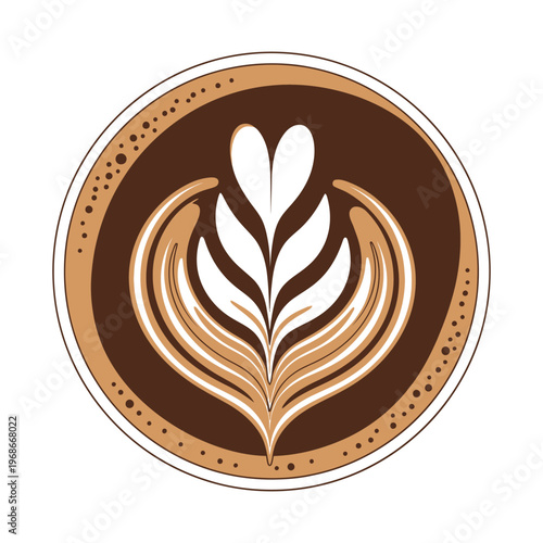 Coffee Latte Art Illustration with Rosetta and Heart Pattern in a Cup Top View