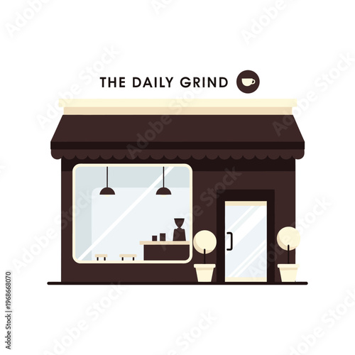 Coffee shop storefront illustration with the daily grind sign in flat vector design