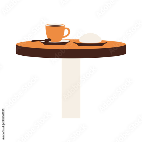 Flat vector illustration of a coffee cup and pastry on a round cafe table