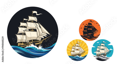 Vintage sailing ship or galleon emblems depicted in four different color schemes and circular designs on white space.