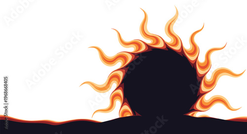 Stylized abstract sun with swirling rays rising over a dark horizon line in a warm orange and brown color palette.