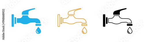 Colorful faucet icons with water drops in blue orange and black