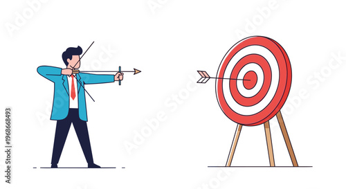 Focused businessman accurately shooting an arrow from a bow directly at a red and white target, symbolizing precise goal achievement, strategic aim, and successful business execution.