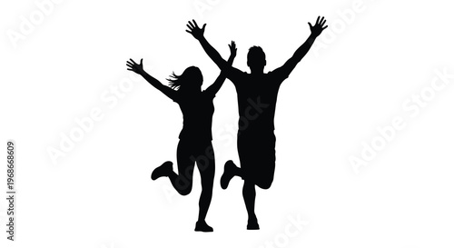 A joyful couple exuberantly leaping in the air arms outstretched captured as a striking black silhouette high quality professional detailed modern