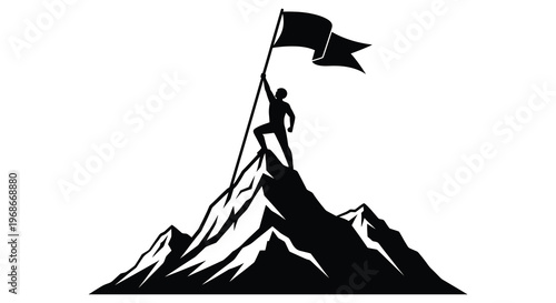 A triumphant figure raises a flag atop a mountain peak symbolizing victory and achievement presented as a silhouette high quality professional