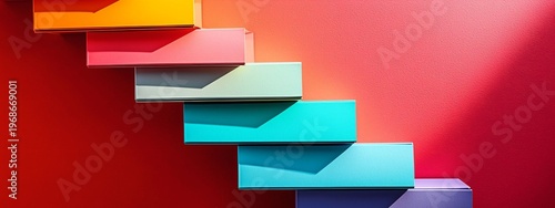 Colorful Steps Leading Upward Against a Bold Red Wall Background