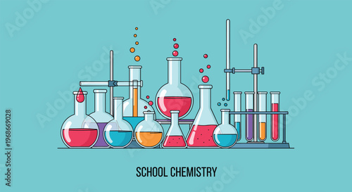School chemistry illustration featuring a wide variety of laboratory glassware filled with colorful chemical liquids and gases.