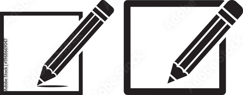 Pencil writing or checking in a square checkbox icon with white background with black and white