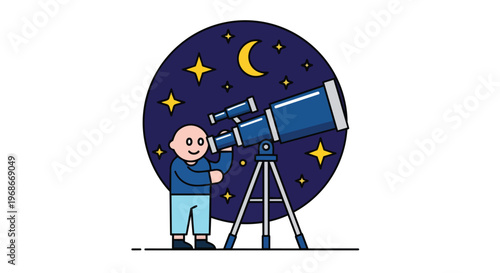 Cartoon Boy Looking Through a Telescope at Night Sky
