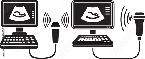 Ultrasound machine with fetal baby scan on screen glyph with white background with black and white with reproductive health