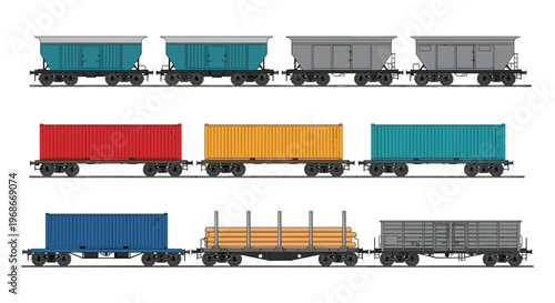 Collection of different types of industrial freight train wagons for transporting cargo such as logs, containers, and bulk.