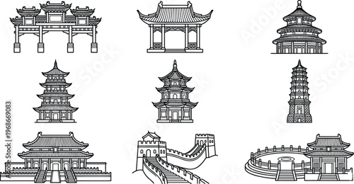 Vector set of black outline icons depicting iconic Chinese architecture including pagodas gates and traditional pavilions.