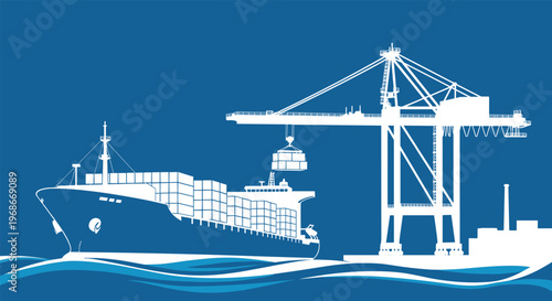 Industrial scene showing a large cargo ship being loaded with containers by a massive port crane against a blue background.