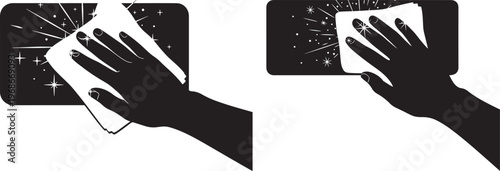 Hand cleaning screen surface icons with sparkle effect with wipe down