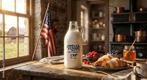 Fresh Milk and Morning Breakfast: A captivating shot of a rustic kitchen bathed in soft morning light.