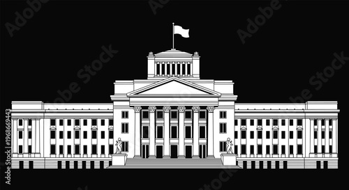 Neoclassical architectural drawing of a grand government building or parliament featuring majestic columns and a central dome with a flag.