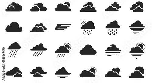 Comprehensive set of weather forecast icons in a black silhouette style depicting various atmospheric conditions like clouds, rain, and sun.
