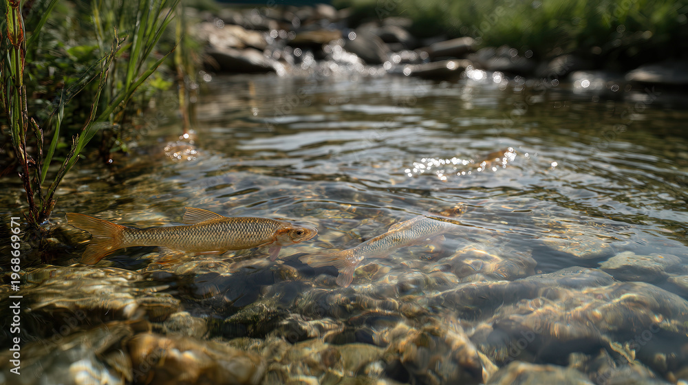Fototapeta premium Crystal Clear Stream: A tranquil shot of a pristine stream, where the water flows over smooth stones with crystal clarity, revealing glimpses of life beneath the surface. 